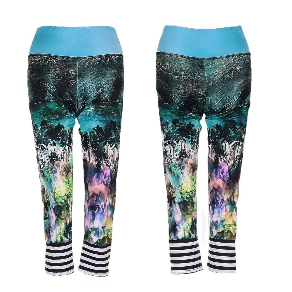 Onzie Colorful Palm Tree Mountain Stripe Print Crop Yoga Leggings Size XS